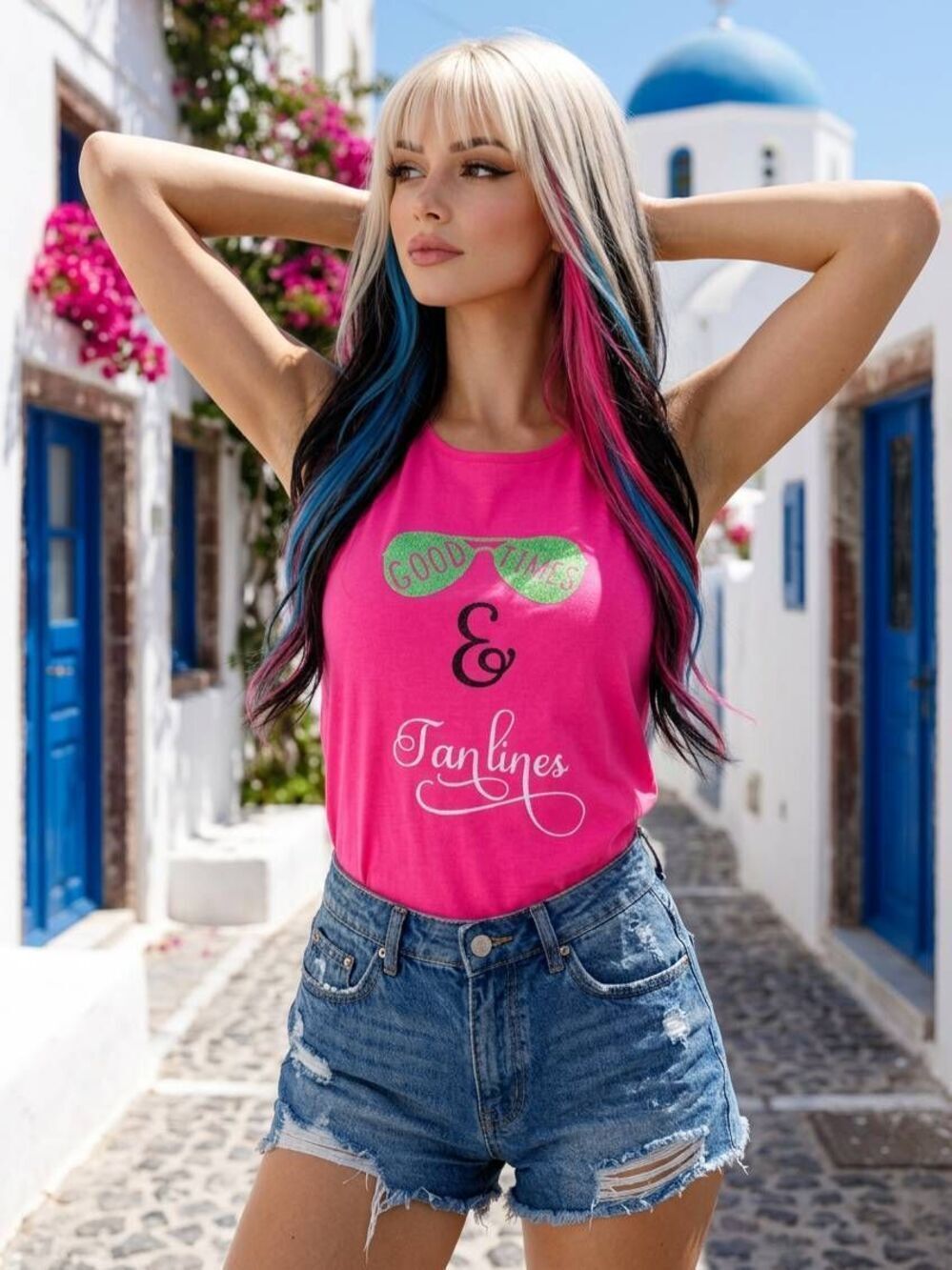 🔺️NWT Neon Pink Good Times & Tan Lines Graphic Sleeveless Top Small